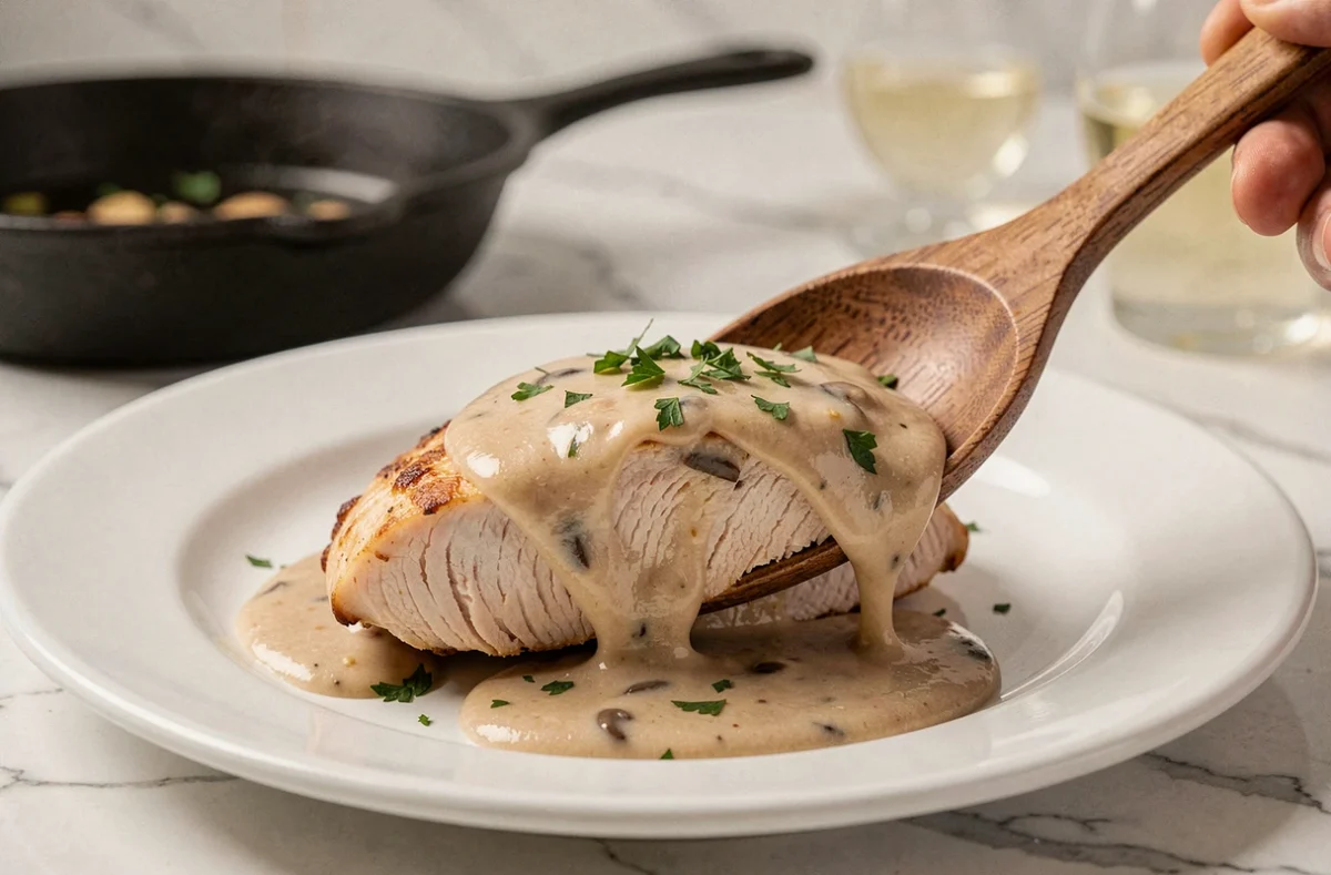 Gros plan sur une escalope de poulet rôtie nappée de sauce à la crème et champignons servie à la cuillère