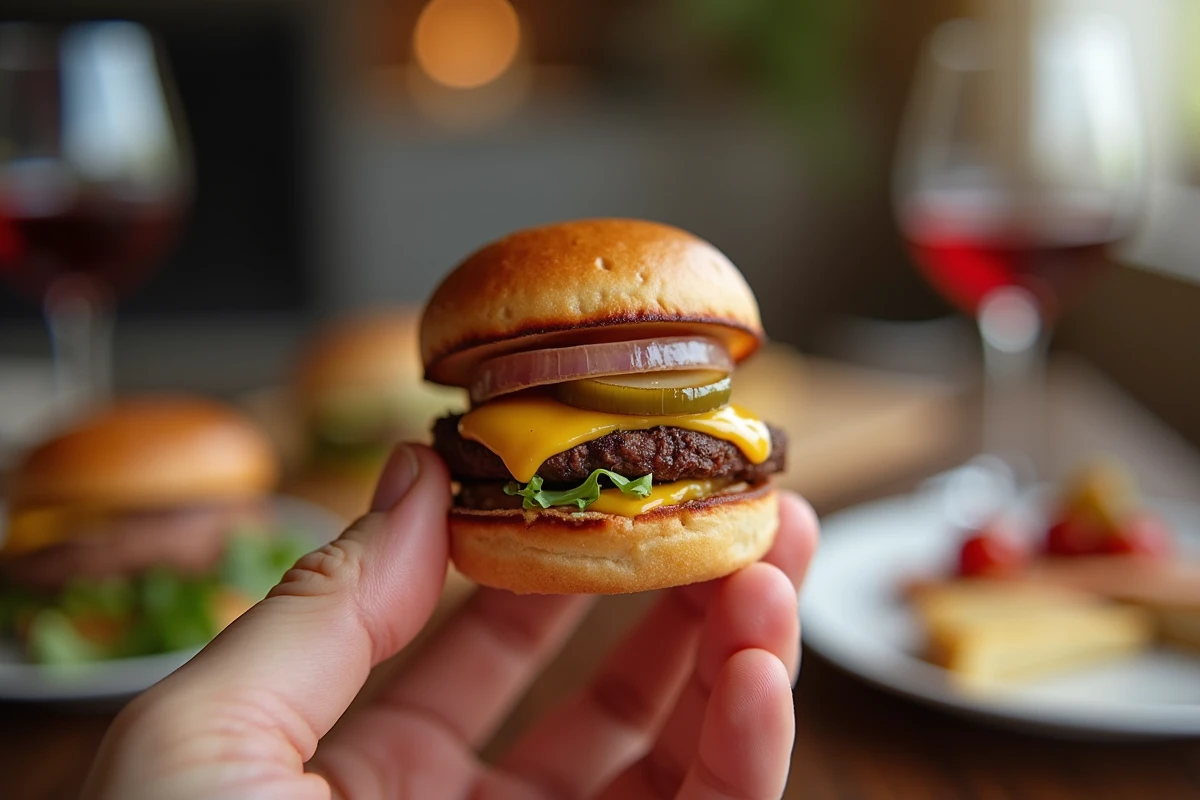 Gros plan d'un mini hamburger gourmand tenu à la main lors d'un apéritif convivial à la maison