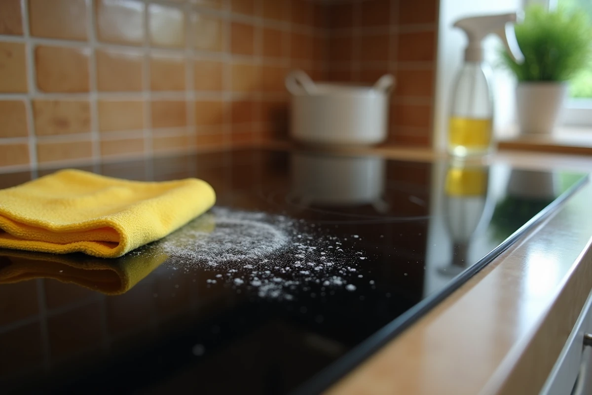 Gros plan sur une plaque vitrocéramique noire avec produit nettoyant et chiffon jaune pour un nettoyage sans traces