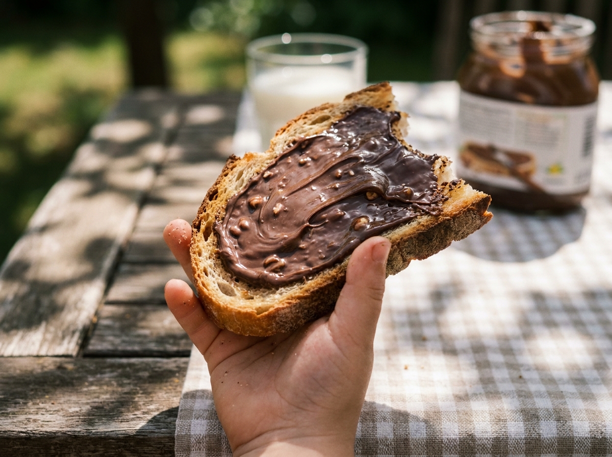 Gros plan d'une tartine de pain de campagne grillé recouverte de pâte à tartiner chocolat noisette artisanale tenue à la main