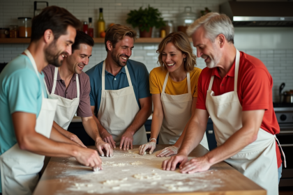Groupe d adultes en cuisine avec pâte à pain