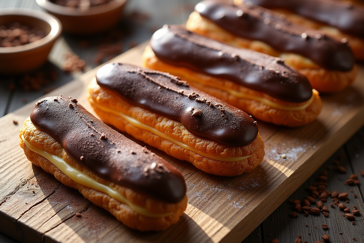 Plusieurs éclairs au chocolat sur une table en bois rustique