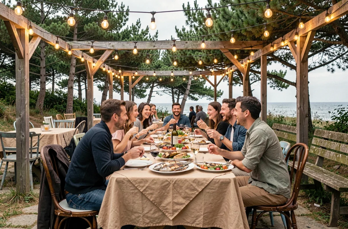 Terrasse conviviale de La Guinguette Chez Lulu à Erquy avec mobilier vintage et ambiance festive au bord de mer