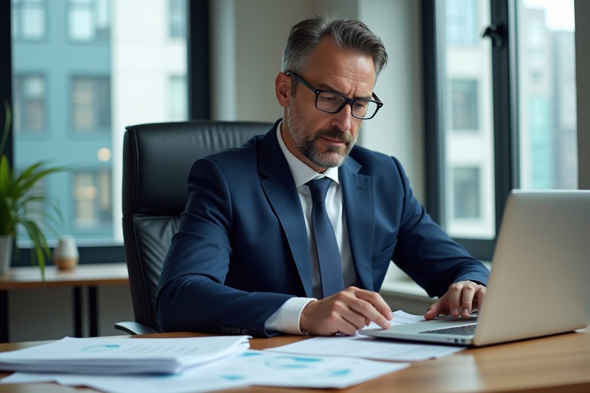 Homme d'affaires en costume analysant des documents financiers