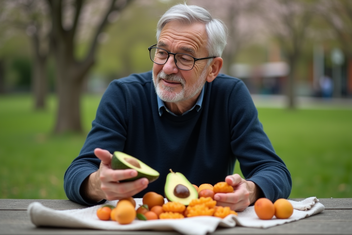Homme avec avocat et fruits secs dans un parc urbain