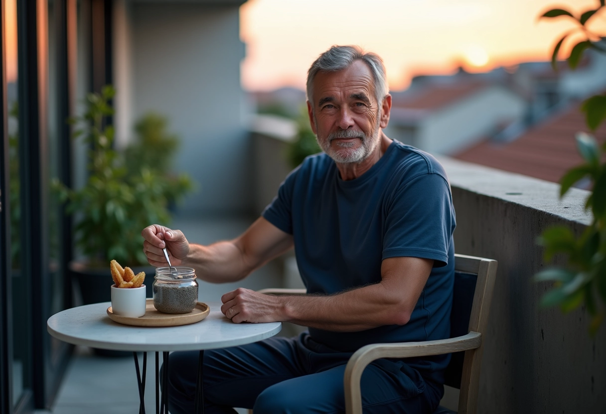 Homme détendu dégustant chia pudding sur balcon urbain