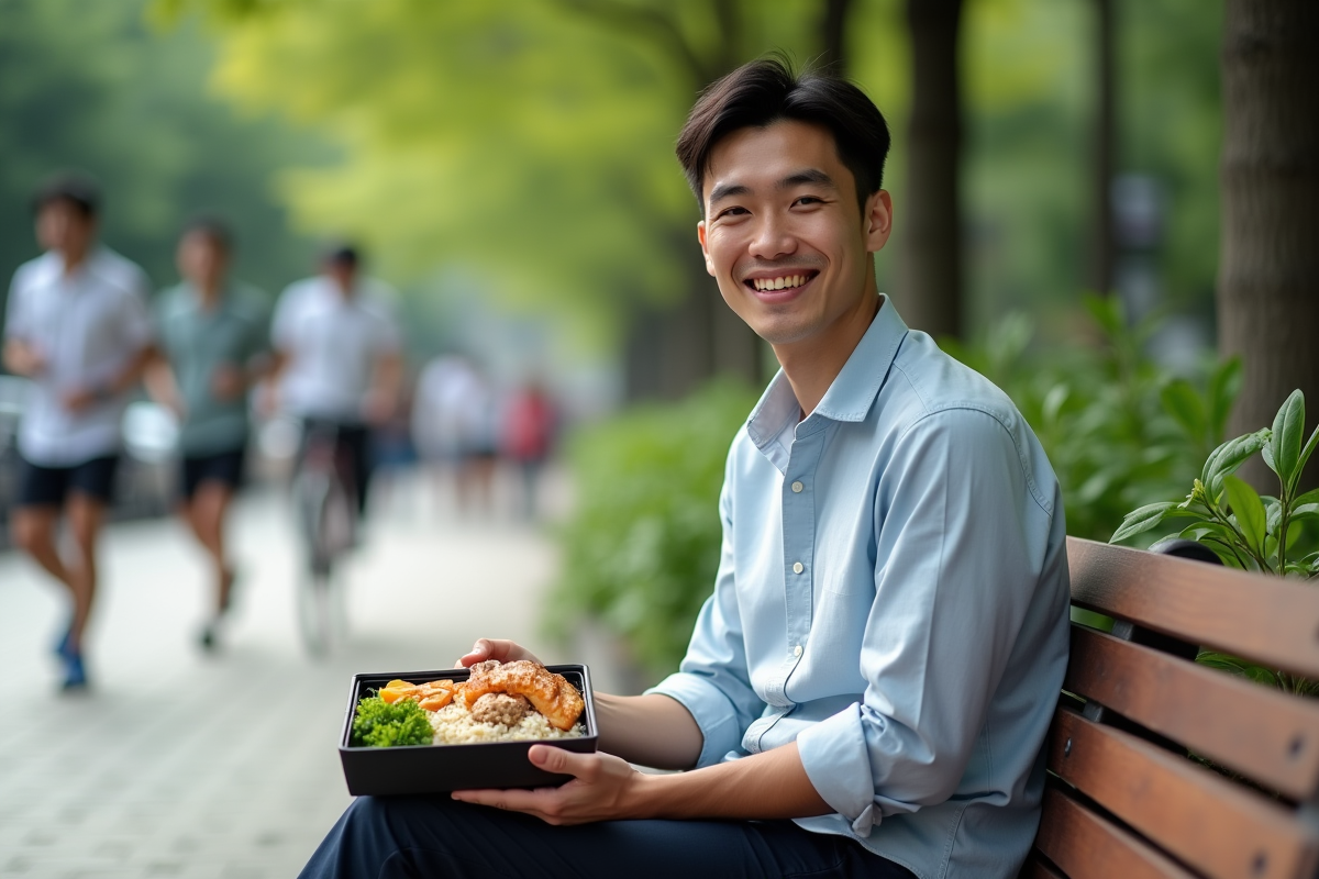 Homme dégustant un bento dans un parc urbain