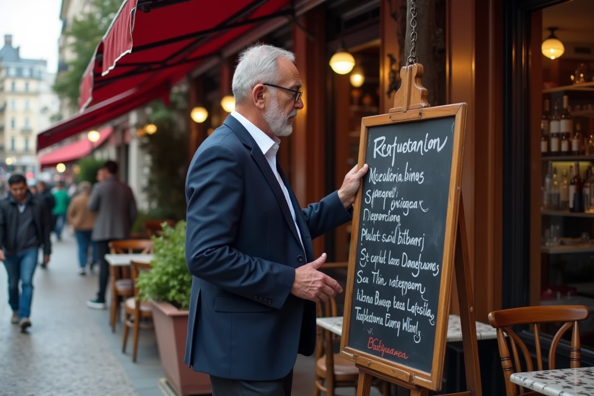 Homme d age moyen regardant un menu en extérieur à Paris
