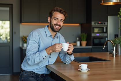 Homme détendu dégustant un café dans une cuisine moderne