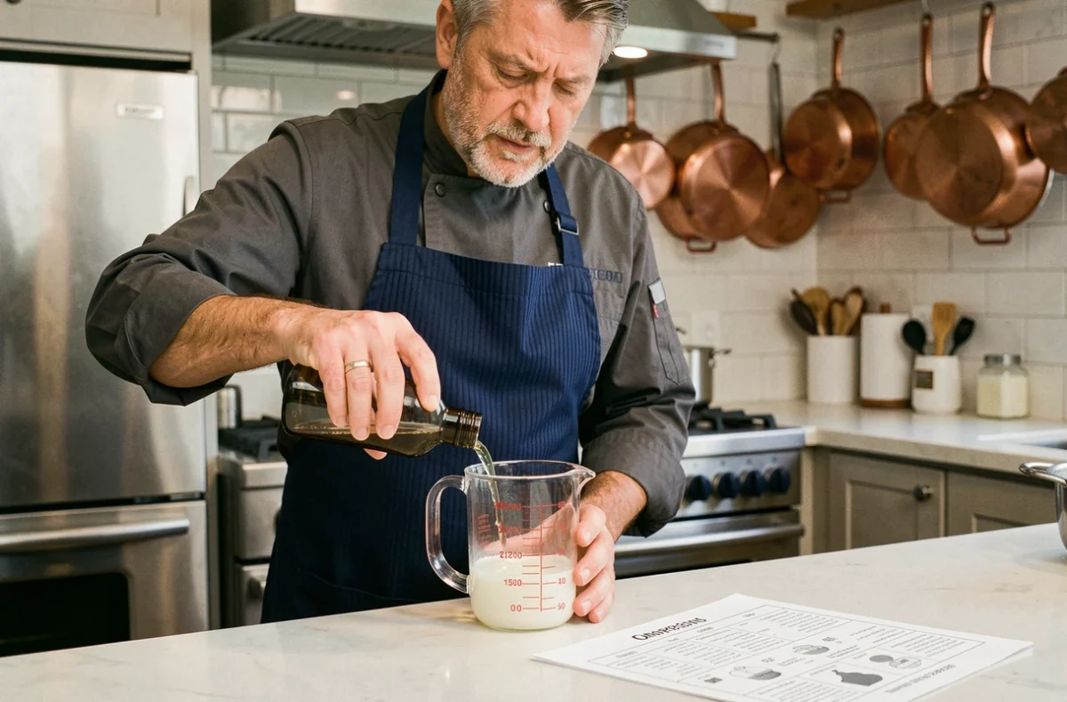 Homme versant du liquide dans un verre doseur gradué en ml et cl avec tableau de conversion en cuisine