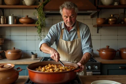Homme en tablier en train de remuer un cassoulet traditionnel