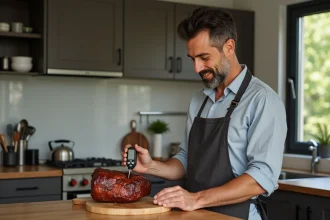 Homme d'âge moyen utilisant un thermomètre numérique en cuisine
