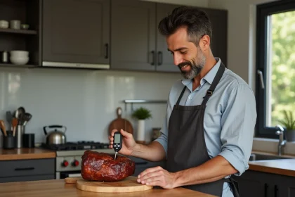 Homme d'âge moyen utilisant un thermomètre numérique en cuisine