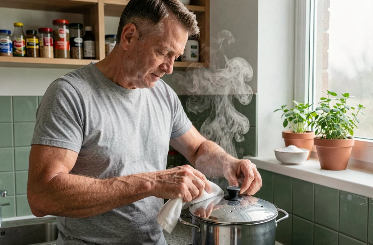 Homme soulevant le couvercle d'une casserole de chou-fleur en cuisson avec du bicarbonate de soude pour limiter les odeurs dans un appartement