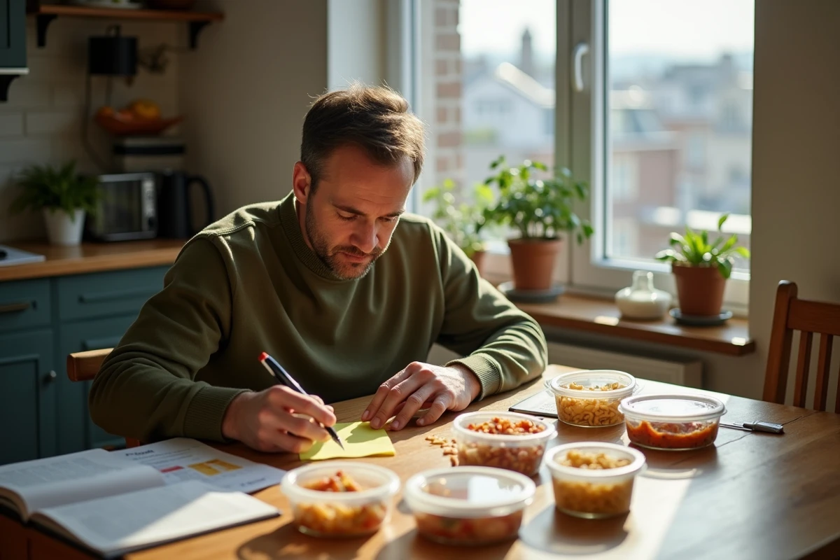 Homme étiquetant ses repas de pâtes dans une salle à manger