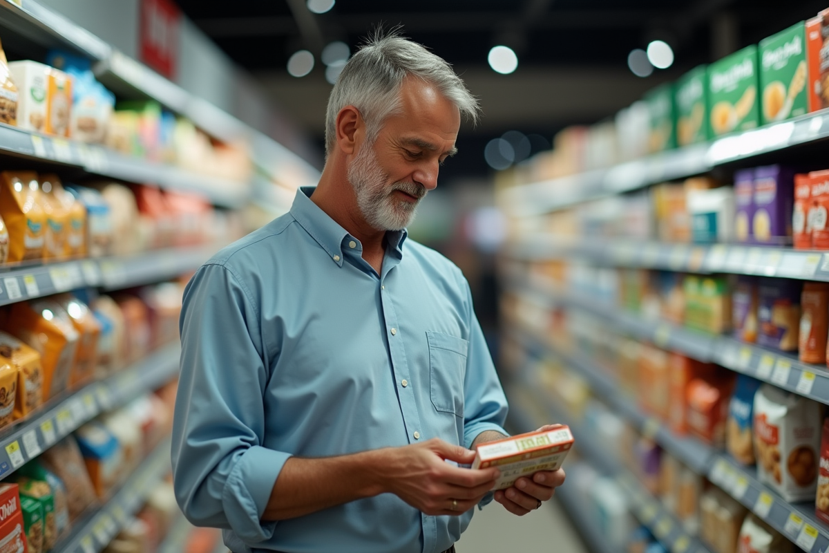 Homme en supermarché examinant étiquette de biscuits santé