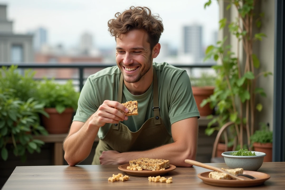 Jeune homme dégustant une barre de granola dans un jardin urbain