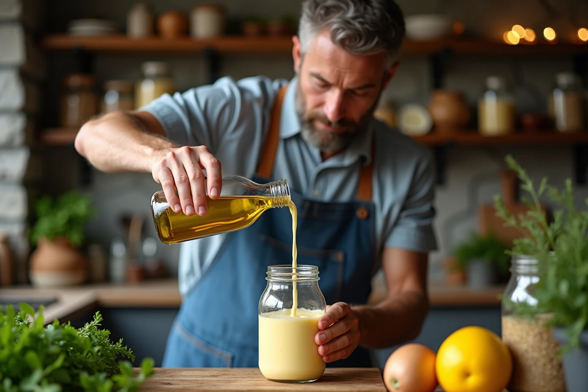 Homme versant huile pour mayonnaise dans un bocal rustique