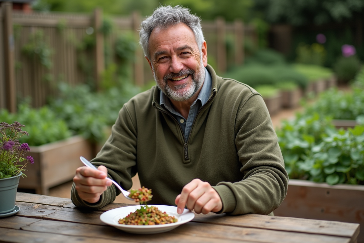 Homme dégustant une salade de lentilles dans un jardin