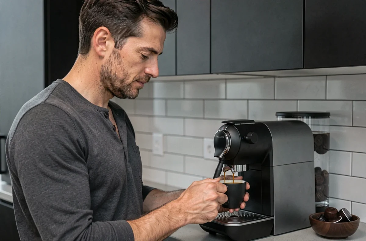 Homme préparant un espresso corsé avec une machine à capsules compatibles Nespresso dans une cuisine moderne noire