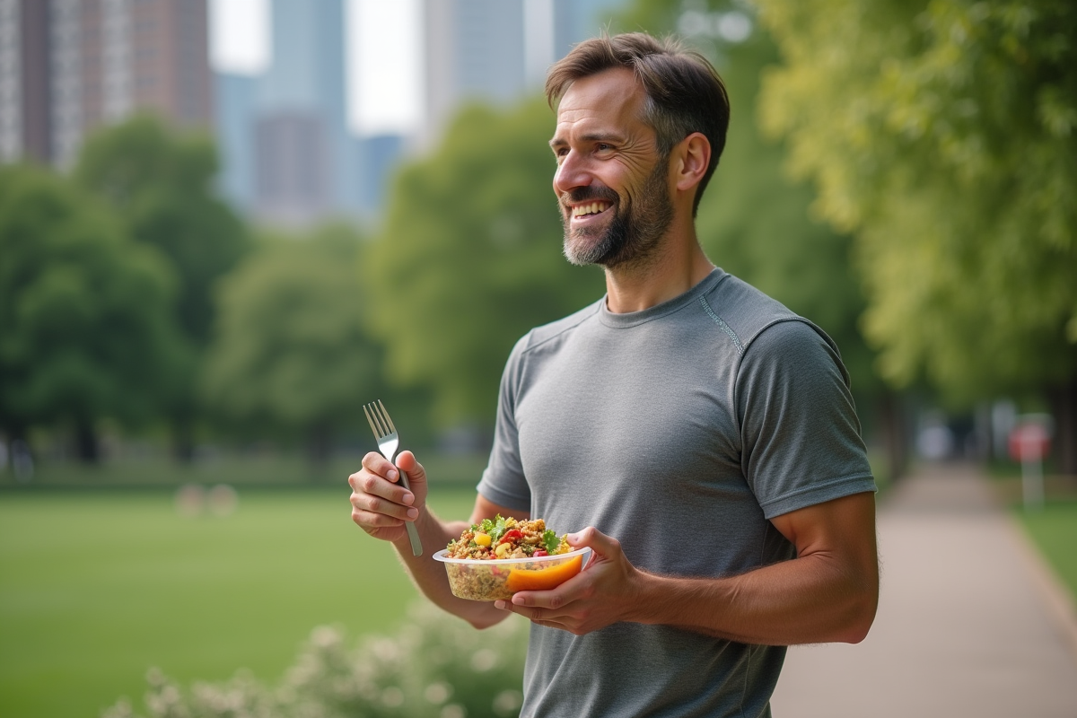 Homme en plein air dégustant une salade de quinoa dans un parc urbain