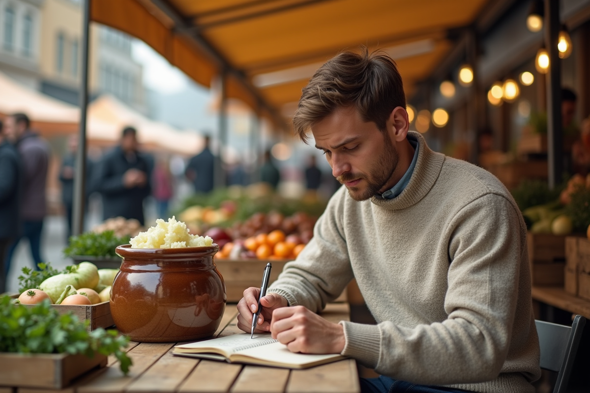 Jeune homme examinant un pot de choucroute au marché