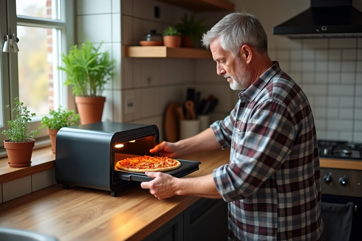 Homme cuisine pizza dans four smart compact à la maison