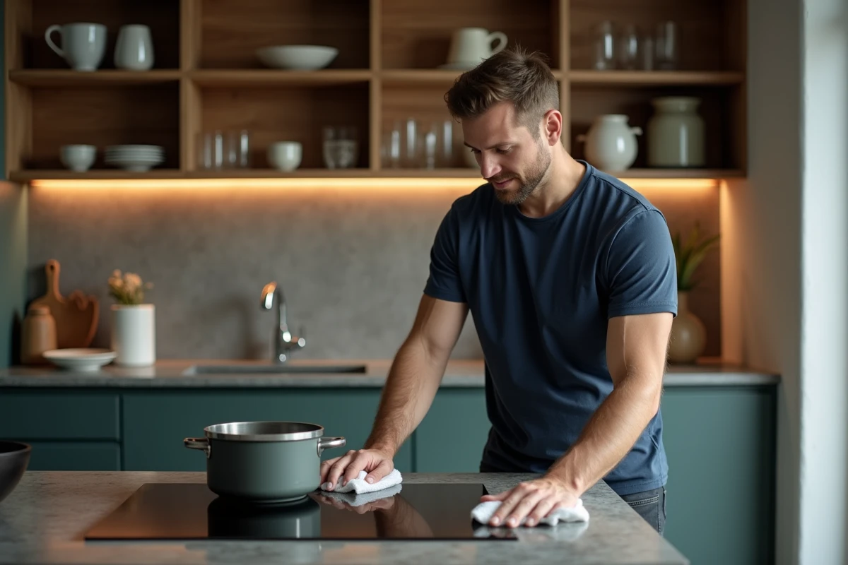 Homme inspectant et polissant une plaque vitrocéramique propre et sans traces dans une cuisine ouverte moderne