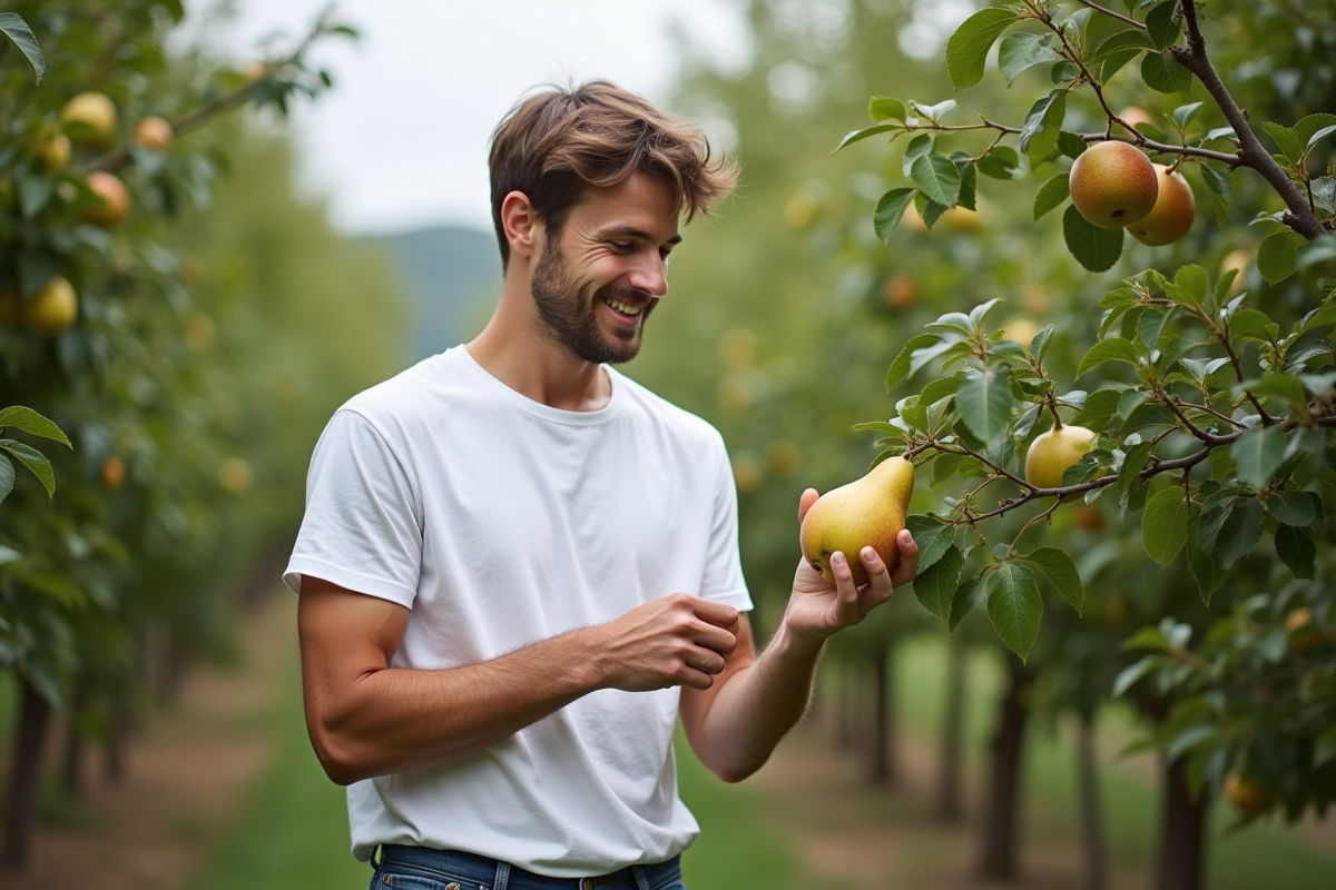 Homme cueillant une poire dans un verger en plein air