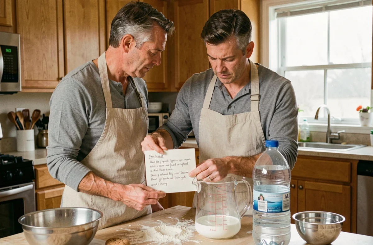Homme consultant une recette manuscrite et mesurant 25 cl avec un pichet gradué dans une cuisine familiale chaleureuse