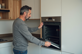 Homme retirant un four vapeur encastré dans une cuisine moderne