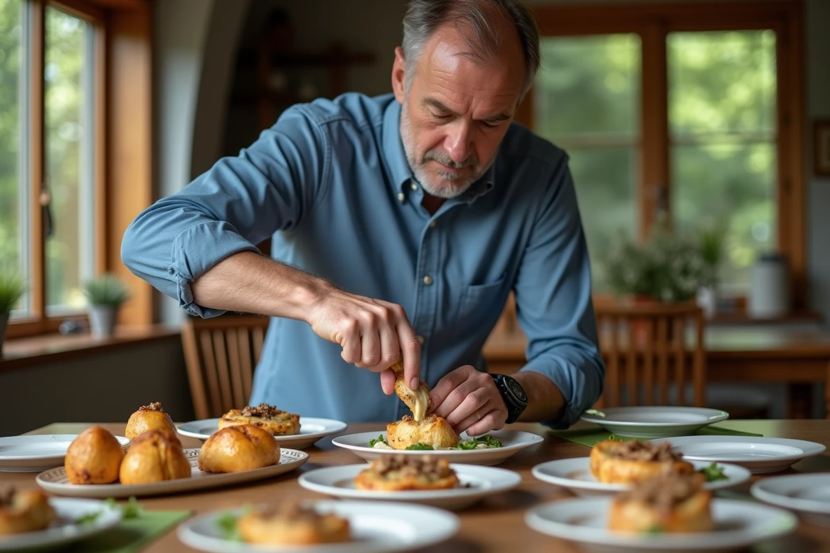 Homme versant la garniture dans une bouchée à la reine à table