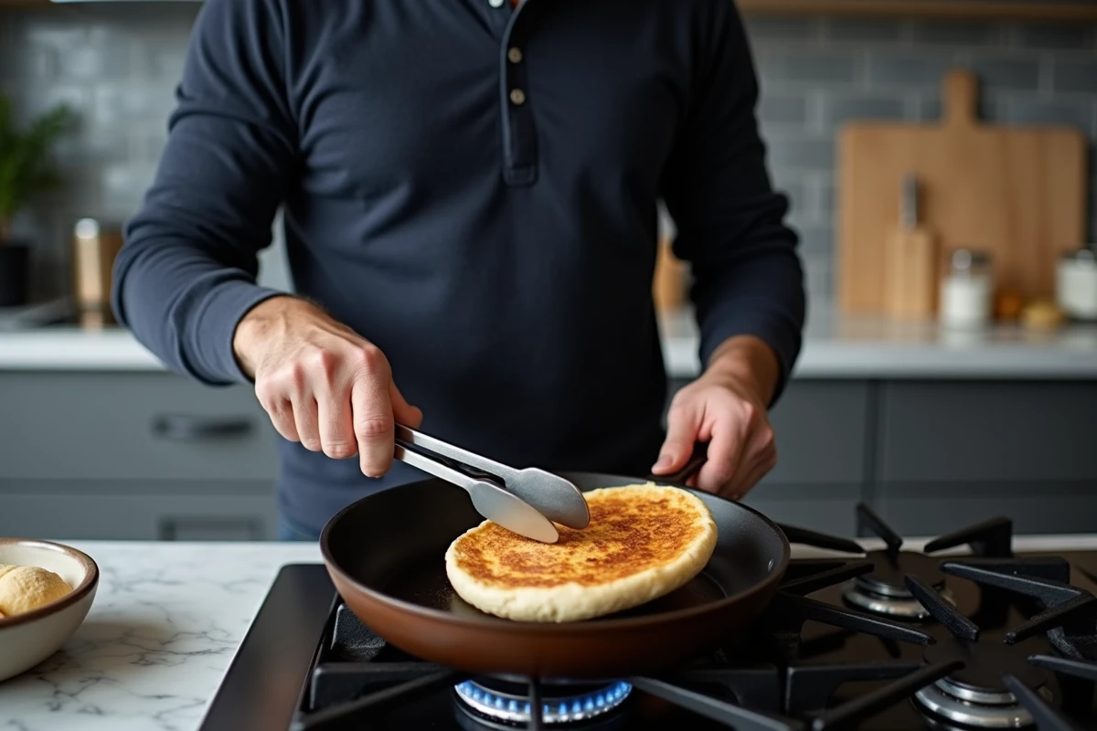 Homme retournant un pain à la poêle gonflé dans une poêle en acier sur une cuisinière à gaz