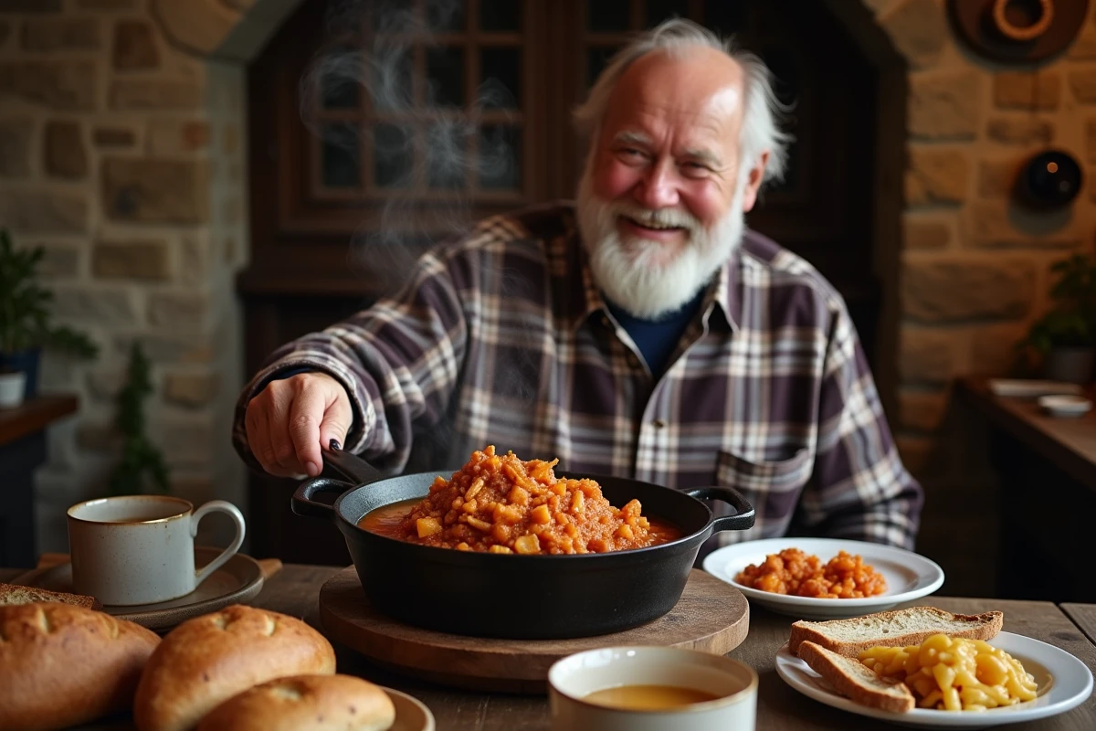 Homme âgé servant une carbonnade flamande dans une salle à manger chaleureuse