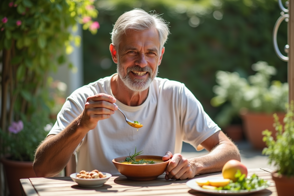 Homme dégustant une soupe maison dans un jardin ensoleille