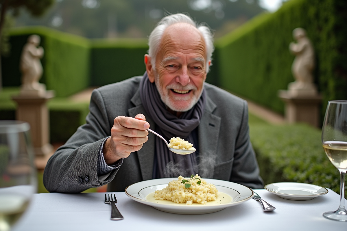 Homme âgé dégustant risotto à la truffe en terrasse élégante