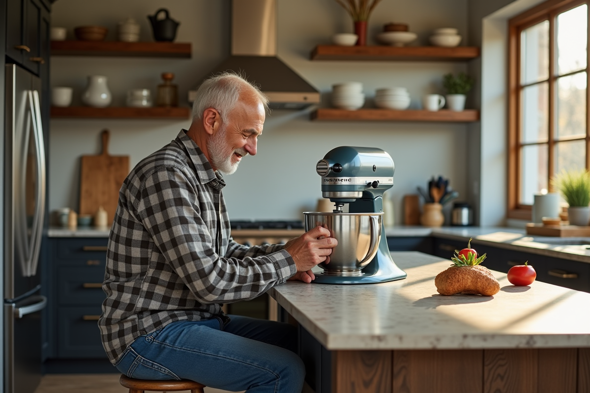 Homme âgé inspecte un mixeur dans la cuisine lumineuse