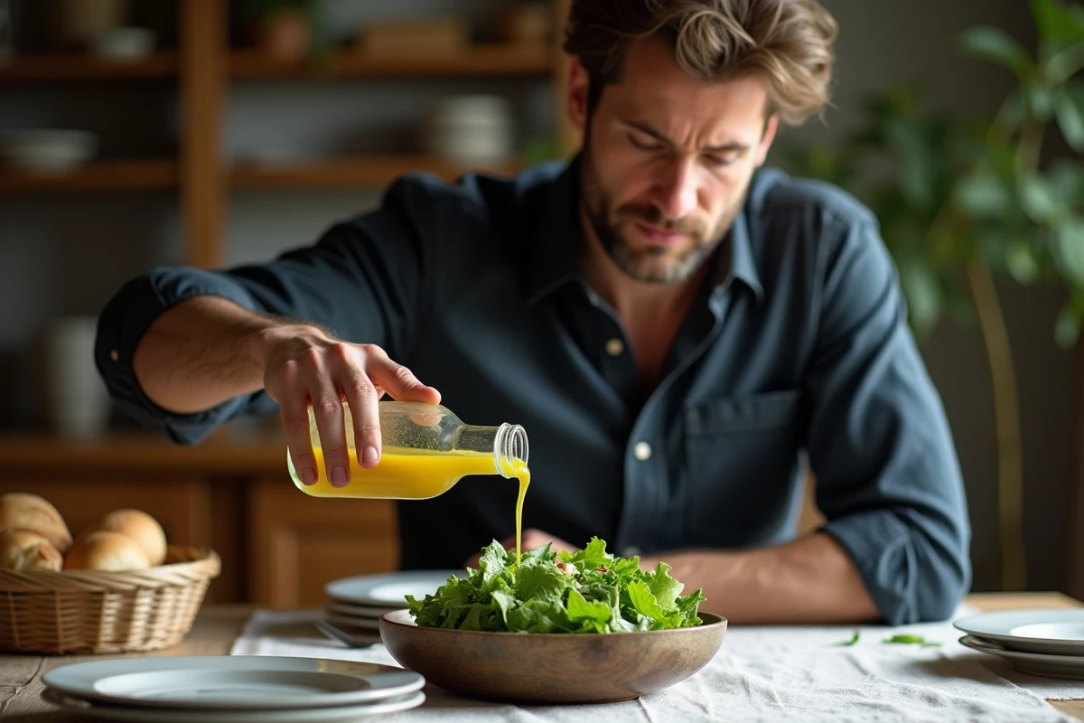 Homme versant une vinaigrette maison sur une salade verte dans un cadre de salle à manger rustique française