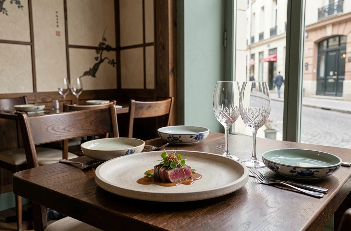 Plat de cuisine fusion élégamment dressé dans le restaurant Influences à Bordeaux au décor soigné