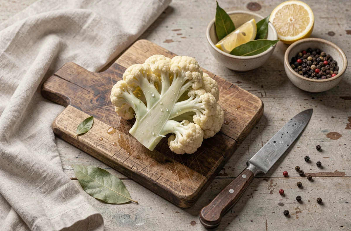 Chou-fleur coupé en deux sur une planche en bois avec des aromates naturels comme le laurier, le citron et le poivre pour neutraliser les odeurs de cuisson