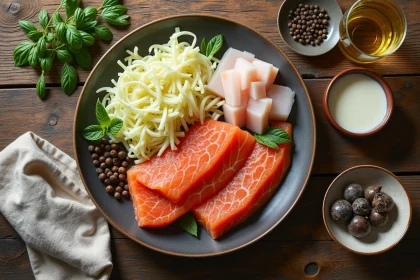 Ingrédients pour une choucroute aux poissons disposés en flat-lay sur une table en bois rustique : saumon, haddock fumé, choucroute crue, baies de genièvre et Riesling alsacien