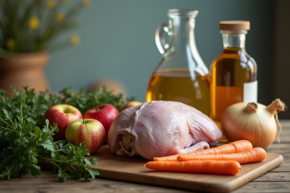 Ingrédients pour ragoût de lapin au cidre sur une table rustique