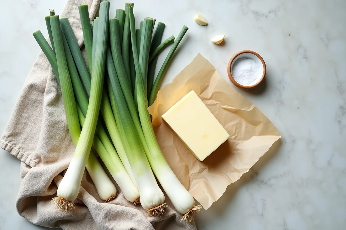 Ingrédients économiques pour recette de fondue de poireaux : poireaux frais, beurre, sel et ail sur tissu de lin