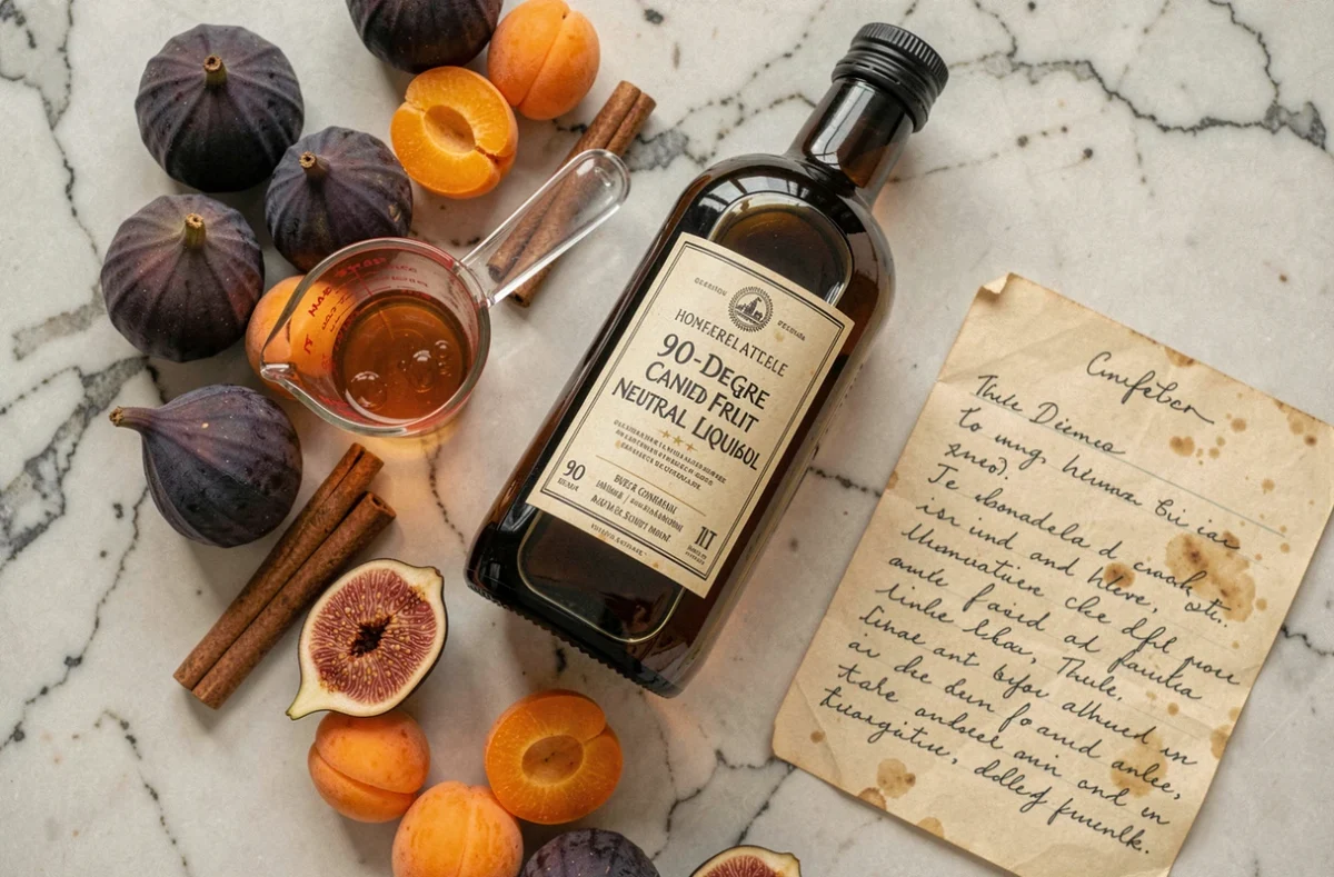Ingrédients pour liqueur maison avec alcool 90 degrés, fruits frais et épices sur marbre