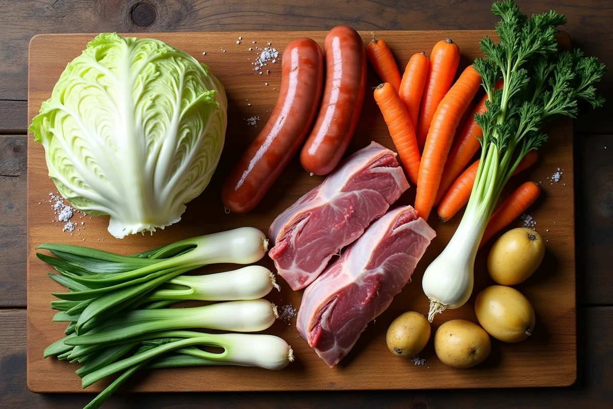 Ingrédients bruts pour une potée familiale disposés sur une planche à découper en bois : chou, carottes, navets, porc et pommes de terre