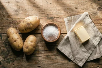 Trois ingrédients simples pour une rapée de pomme de terre express : pommes de terre crues, sel et beurre sur plan de travail en bois rustique