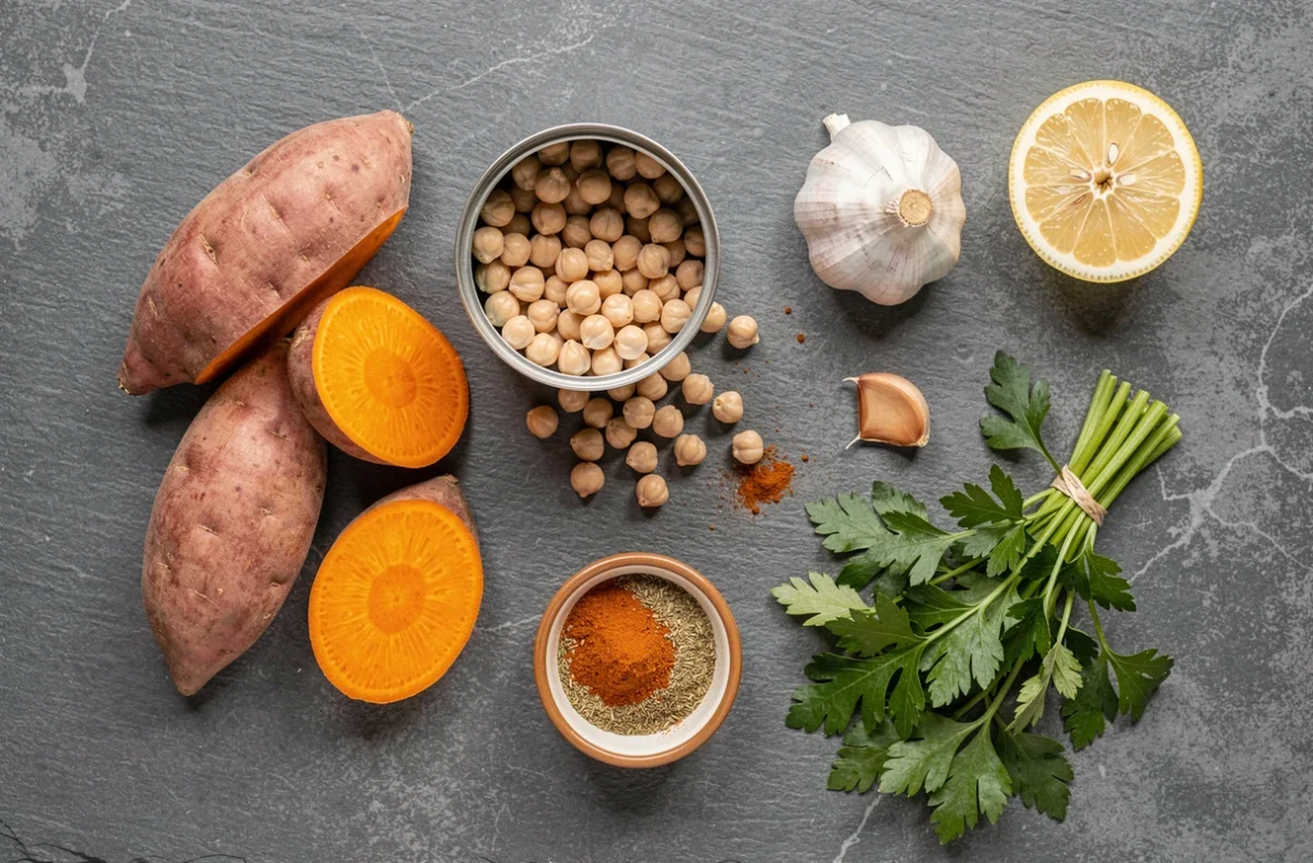 Ingrédients bruts pour une recette de patate douce et pois chiches disposés sur un comptoir en ardoise
