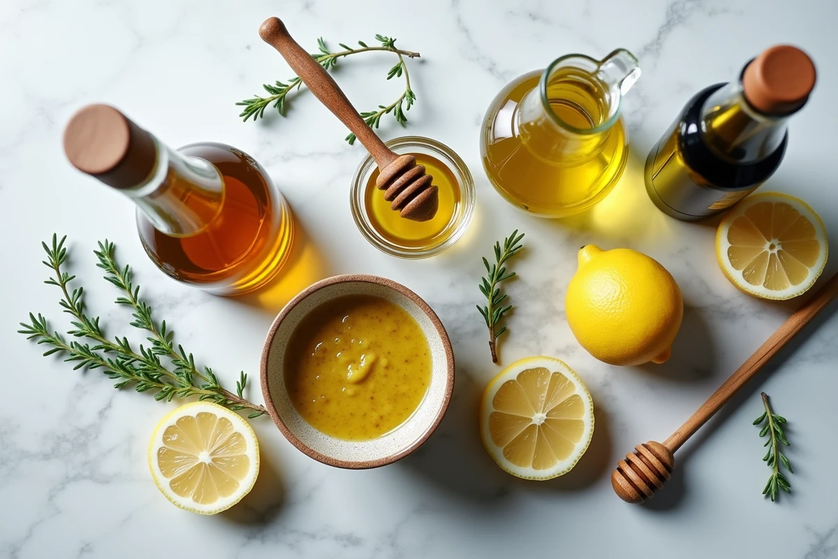 Ingrédients pour vinaigrette maison disposés en flat-lay sur marbre : huile d'olive, moutarde, citron, vinaigre et herbes fraîches