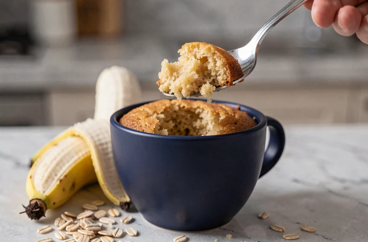 Intérieur moelleux d'un mugcake banane sans sucre ajouté révélé par une cuillère sur un plan de travail en marbre