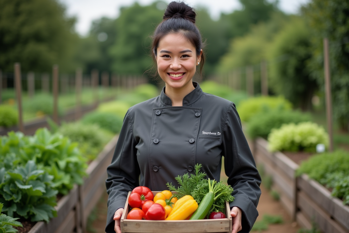 Femme chef dans un jardin de légumes récoltés